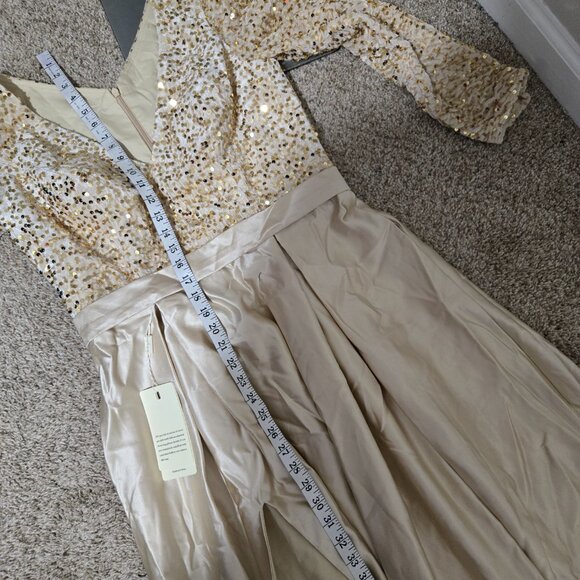 (Fits 14) NWT Unbranded Champagne-Gold Velvet-Sequin Ballgown w Satin Skirt - Picture 10 of 11